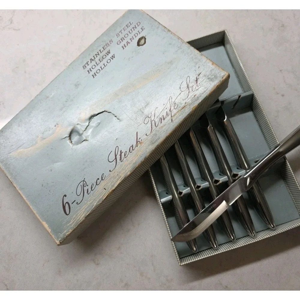 SET OF 6 Steak Knives Stainless Steel Hollow Ground Hollow Handle